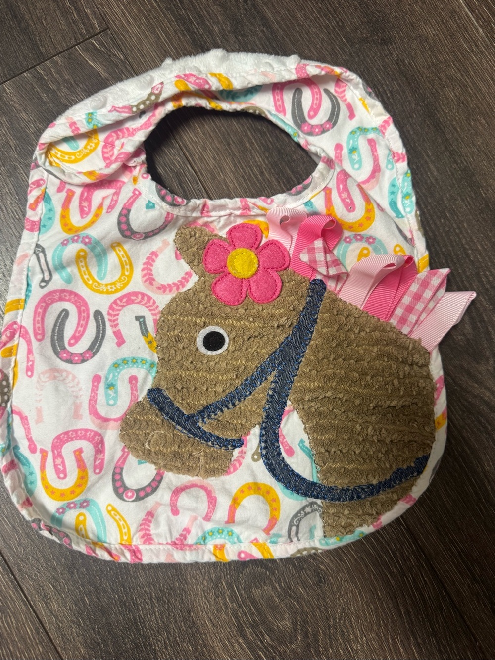 Mud Pie Pink & Multi Horseshoe Horse Applique Bib
